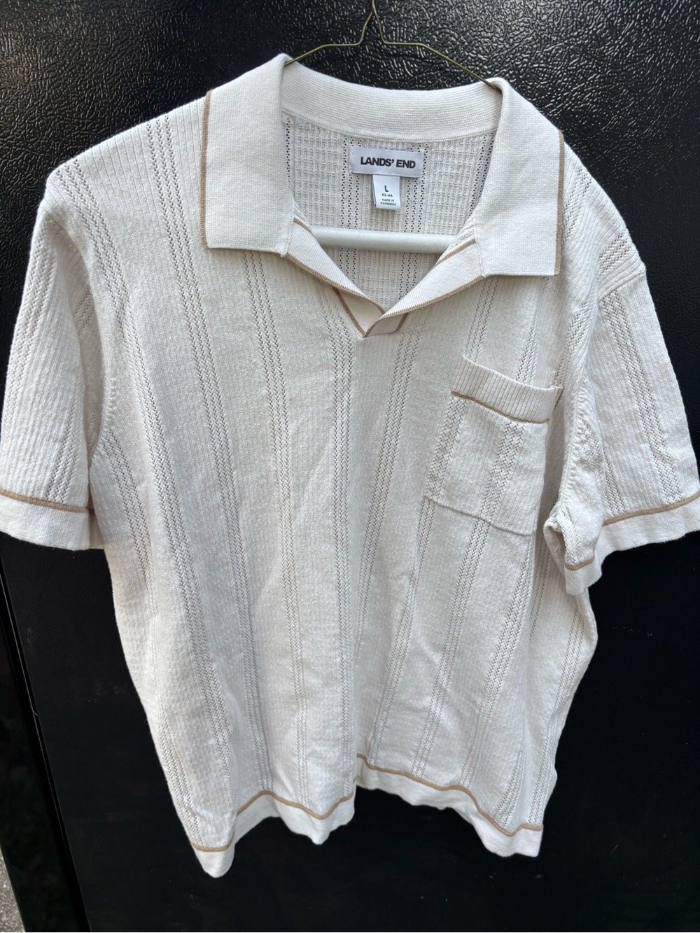 Lands' End Textured Tipped Knit Sweater Polo Ivory Latte Men's Large